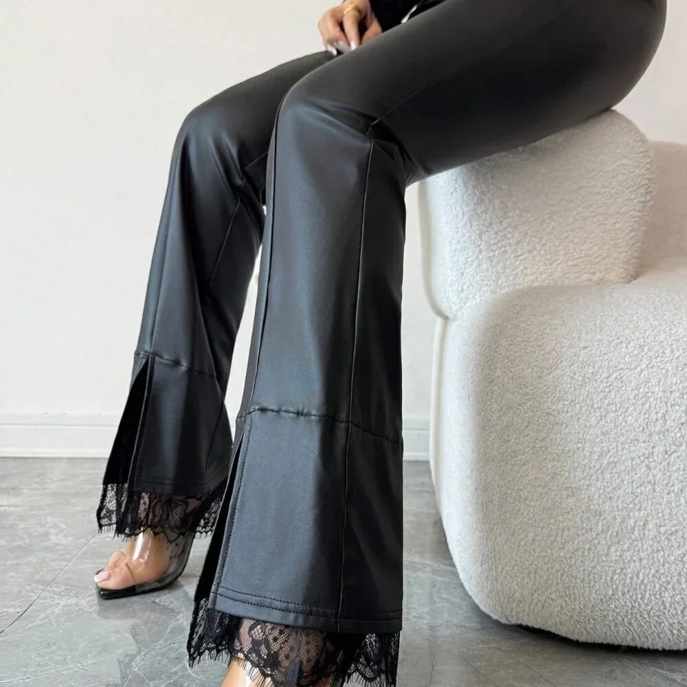 Black Casual Women's Contrast Lace Flared Hem Leggings